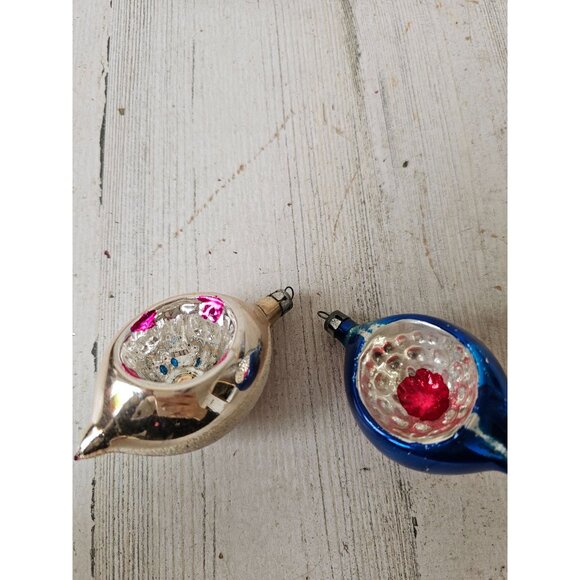 Vintage Mercury glass indent teardrop blue striped flocked ornament Xmas tree - Picture 1 of 13